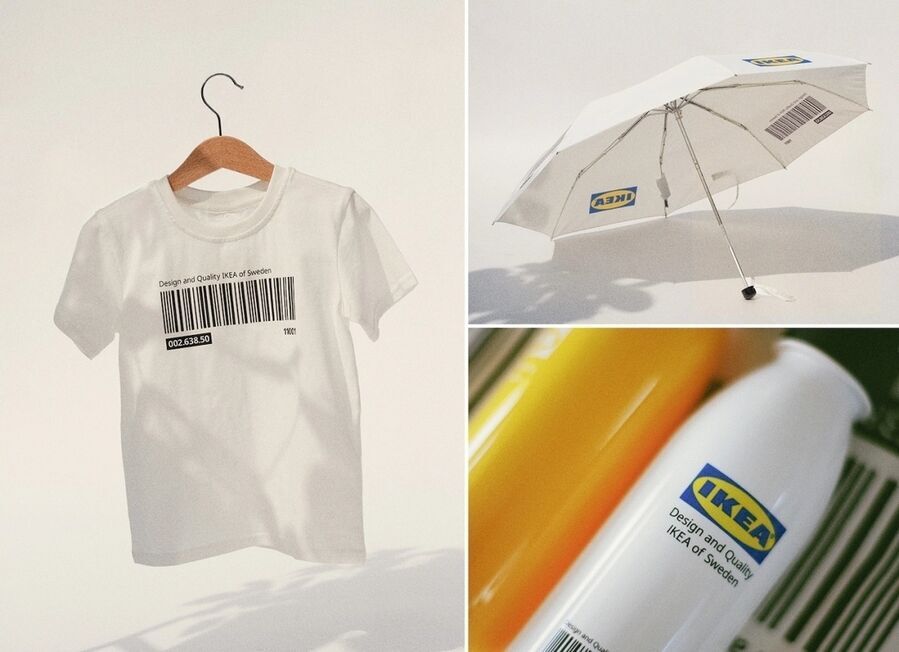 コットン100％のTシャツ、折りたたみ傘と、給水可能なウォーターボトル（イケア・ジャパン）