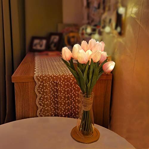 Minidiva チューリップ造花 LEDムードライト 造花インテリア飾り 間接照明おしゃれ 寝室ライト 母の日 結婚式 記念日 誕生日プレゼント 女性、友達、恋人、家族ギフト 生花質感 バッテリー式 タイマー機能付き 12個1束 ピンク