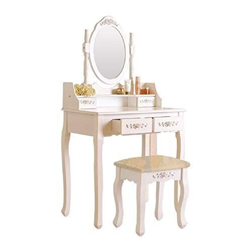 Ansley&HosHo シンプル鏡台 ドレッサー ヨーロッパ姫系化粧台 一面鏡  卓上鏡 収納庫付き レリーフ付き 椅子付き 木製 ホワイト