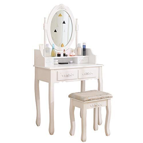 HUISEN&HosHo 優雅なドレッサー フランス式姫系化粧台 収納 おしゃれ鏡台 一面鏡 姿見 引き出し付き スツール付き ホワイト 木製