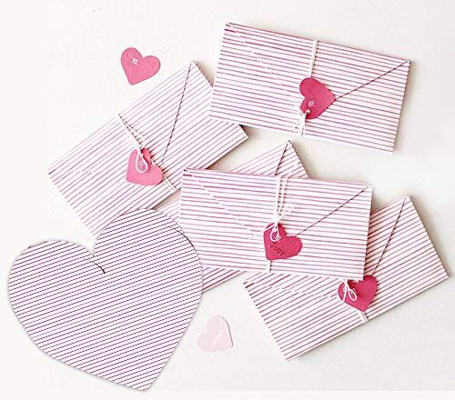 moin moin メッセージ カード 手紙 ミニレター レターセット ストライプ ハート ピンク 折り畳み (タグ + 紐) 10セット