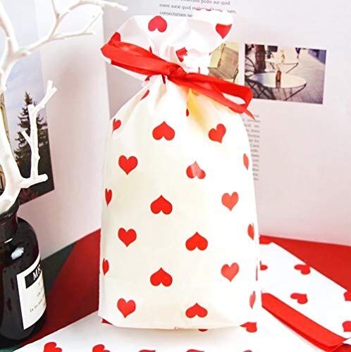 creve バレンタイン ホワイトデー ギフトバッグ 10枚セット opp袋 チョコレートバッグ キャンディバッグ お菓子袋 巾着袋 ラッピング ハートデザイン マチあり リボン付 23×15×6ｃｍ