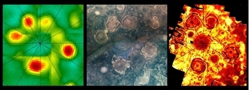 ジュノー探査機が3つの異なる波長で見た木星の北極周辺の渦