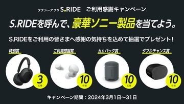 タクシーアプリ「S.RIDE」利用でソニー製ヘッドホンなどが当たるキャンペーン