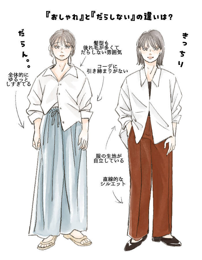 服のすそを出して“だらしなく見える人”と“おしゃれに見える人”の、わかりやすい違い。ほんの少しの差で一気にダサ見え