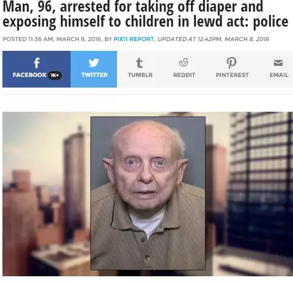 96歳の男、少女2名を相手に下半身露出　尿漏れ用オムツを脱いで（米）