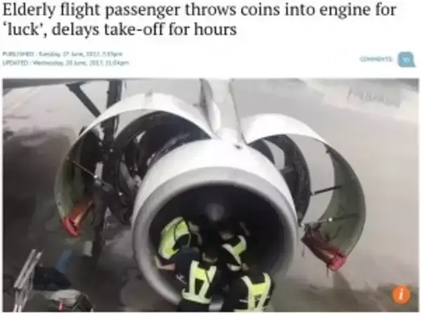 高齢の女が「幸運を」と飛行機のエンジンにコインを投げ入れる！（中国）