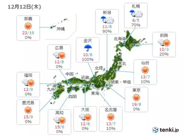 12日　日本海側は次第に雪　関東は夕方からヒンヤリ