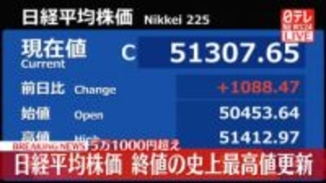 日経平均株価、終値の史上最高値更新 5万1000円超え