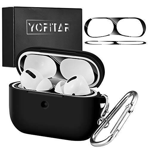 【2020改良モデル】YOFITAR AirPods Pro 用 ケース【ダストガード付き】エアーポッズ プロ 用 シリコンケース 全面保護カバー 落下防止 耐衝撃 装着充電可能 防水 防塵 カラビナ付き AirPods第3世代用のケース (ブラック)