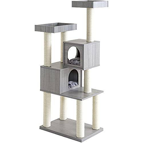 アイリスプラザ キャットタワー 据え置き型 木製 おうち・つめとぎ付き グレー 高さ228-244cm