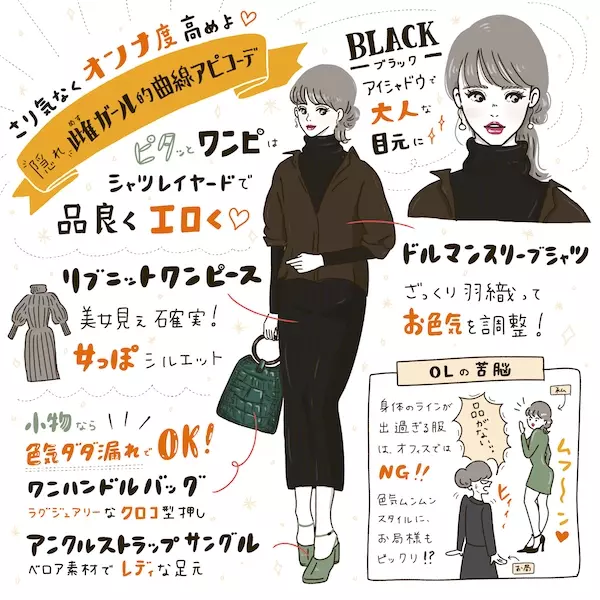 リブニットワンピ オフィスだとエロ過ぎる問題 程よくオンナ度upするには 雑誌の服リアルならこう着る ローリエプレス