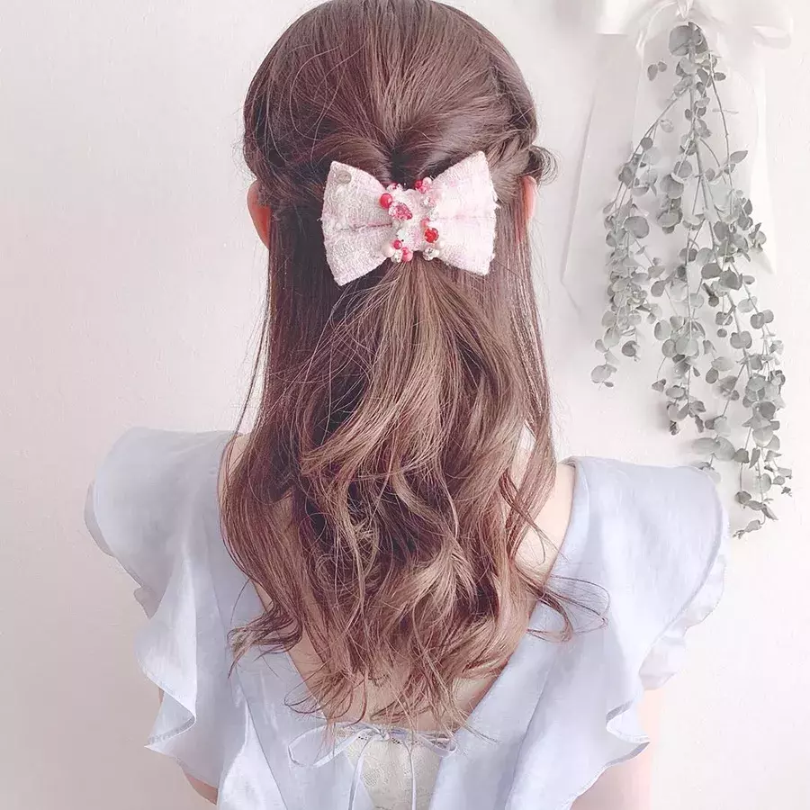 全国宅配無料 リボン チュール ピンク ヘアクリップ バレッタ ヘアアクセ 髪飾り 韓国