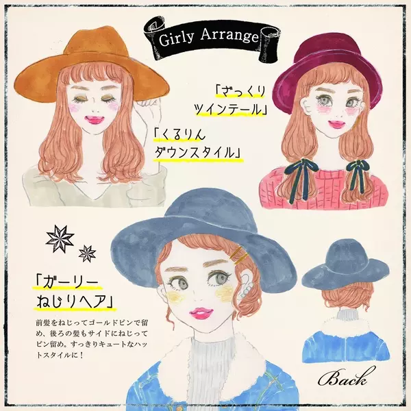 つば広ハットに合う髪型って ハットとの相性抜群な簡単ヘアアレンジ イラスト ローリエプレス