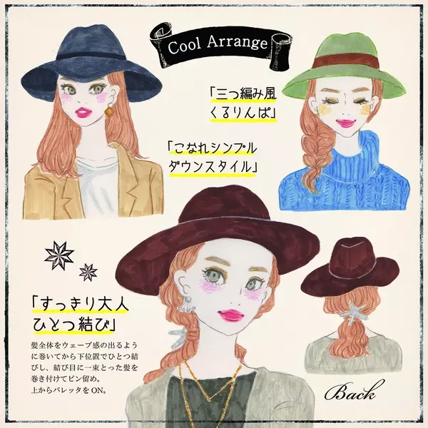 つば広ハットに合う髪型って ハットとの相性抜群な簡単ヘアアレンジ イラスト ローリエプレス