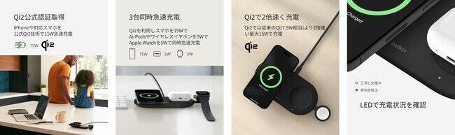 【Belkin】脱着式Apple Watch急速充電ドングル付き！3台同時充電可能な「Qi2」充電器Belkin Qi2 3-in-1ワイヤレス充電パッドが発売開始！の4枚目の画像