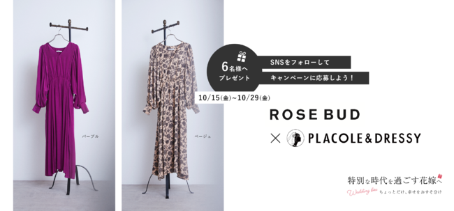 「特別な時代を過ごす花嫁へ」ROSE BUD × PLACOLE＆DRESSY がコラボ！2021AWコレクションから特別な日に着用できるワンピースを6名様にプレゼント！の1枚目の画像