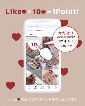 ネイリストに直接予約アプリ「ネイリー」がポイント&ランクシステムを開始！【期間限定】ネイルデザイン画像に10いいねで1ポイントプレゼント中！の1枚目の画像