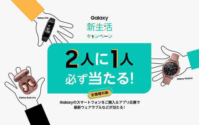 Galaxyが新生活を応援！対象スマートフォンの購入・応募で、豪華賞品が当たる「2人に1人 必ず当たる！Galaxy 新生活キャンペーン」の1枚目の画像