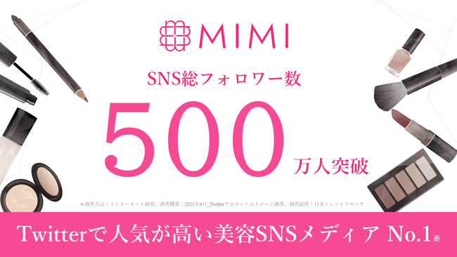 Twitterで人気が高い美容SNSメディアNo.1(※)「MimiTV」、SNSの総フォロワー数500万を突破 人気コスメが当たる！ 「500万フォロワー突破記念キャンペーン」も実施の1枚目の画像