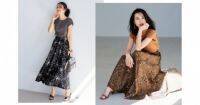 モデル牧野紗弥さんとIEDITのコラボシリーズに、快適素材で華やぐ大人な柄スカートセットアップが登場