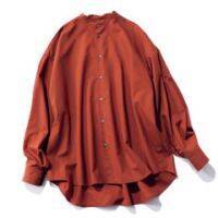 【秋シャツ着回し】ブラウンのバンドカラーシャツはオンオフできれいめコーデ自由自在
