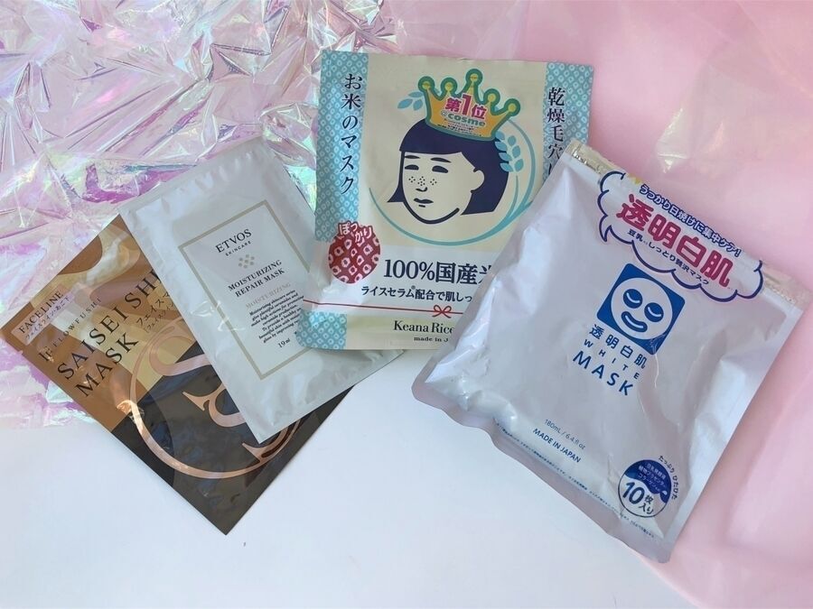 （左から順番に）『フローフシ SAISEI SHEET MASK フェイスライン用 2枚入り』　660円、『ETVOS　モイスチャライジングリペアマスク 5包入り』　3500円、『毛穴撫子　お米のマスク 10枚入り』　650円、『透明白肌　ホワイトマスクN 10枚入り」　600円