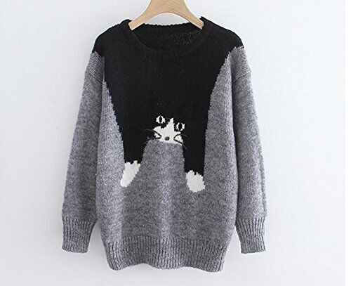 （ヘンジョシン）Heng Ju Xinニットセーター猫ニットセーター 猫甘えん坊なのんびり屋さんのネコちゃんが抱きつくニットトップス (グレー)