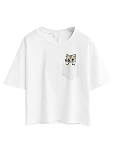 Persun ピンク 刺繍 文字 猫 半袖 クロップ Tシャツ トップス カラー: ホワイト