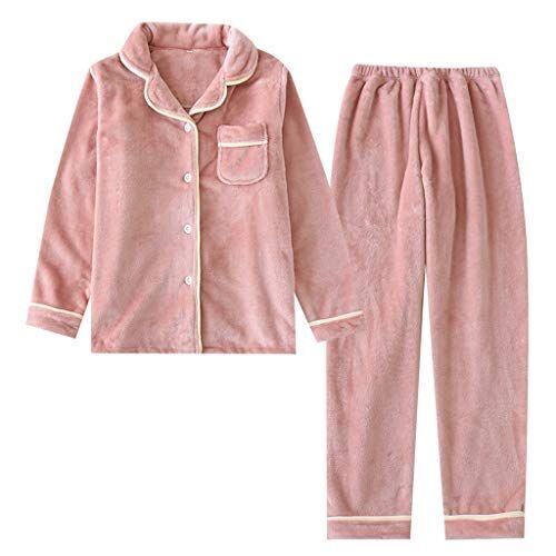 レディースパジャマセットカーディガン長袖カジュアルウォームホームウェアプラスカシミヤリビングウェア秋冬服 (Color : Pink, Size : Medium)