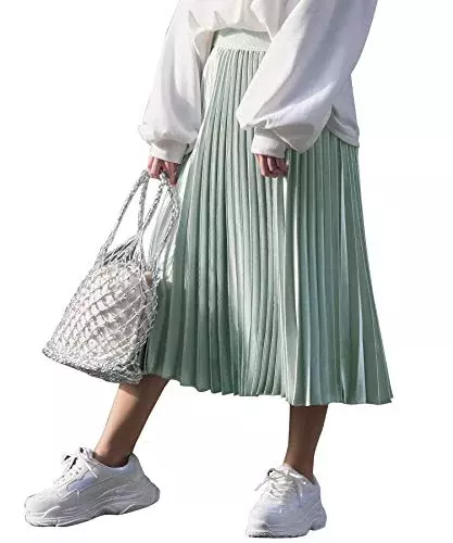 [アンドジェイ] ヘビーサテンウエストスカラップアコーディオンプリーツスカート(4224) M ライトグリーン
