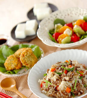 牛肉とマッシュルームのピラフの献立