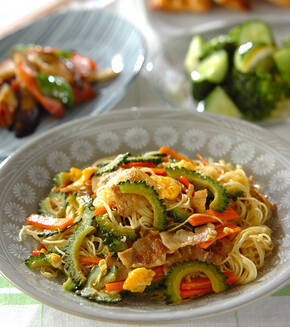 ゴーヤのカレー風味素麺チャンプルーの献立