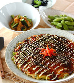 小麦粉で！ふわふわ簡単基本のお好み焼き（豚玉） 長芋とキャベツたっぷりの献立