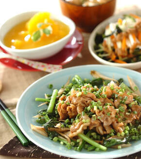 薄切り豚肉のマヨ炒めの献立