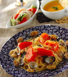 アサリとトマトのガーリックパスタの献立