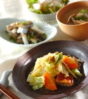 キャベツと揚げ天の煮物の献立