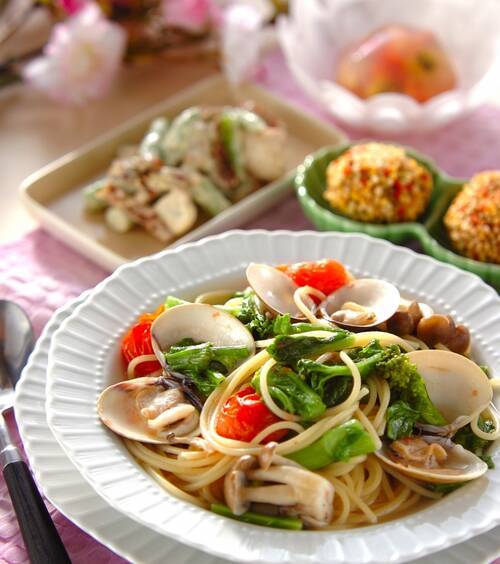 ハマグリと菜の花のスープパスタ の献立 レシピ E レシピ 料理のプロが作る簡単レシピ 08 03 03公開の献立です
