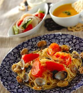 アサリとトマトのガーリックパスタの献立