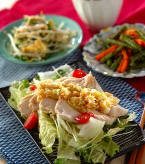 たっぷりネギダレゆで鶏の献立