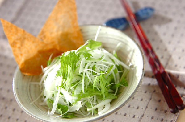 白い器に盛り付けられている長ねぎと水菜のサラダ