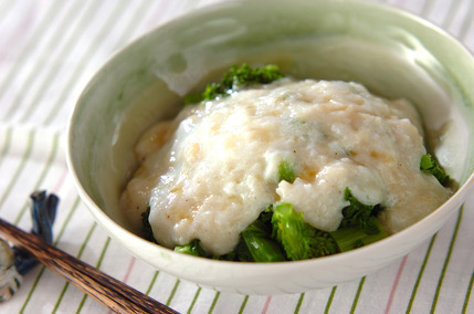 菜の花のふんわり卵白ほたてあんかけ