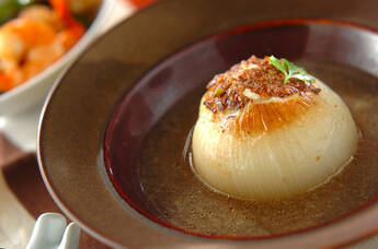 新玉ネギのひき肉詰め煮