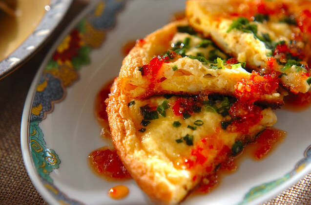 ピザのようにカットしたほたての卵焼き