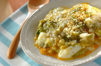 グリーンアスパラと半熟卵のリゾット