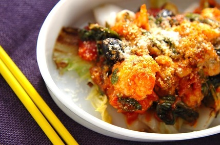 カキと菊菜のアラビアータ