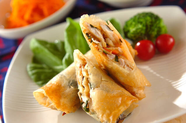 白い角皿に盛りつけられた鶏もも肉入りの揚げ春巻きとつけ合わせ