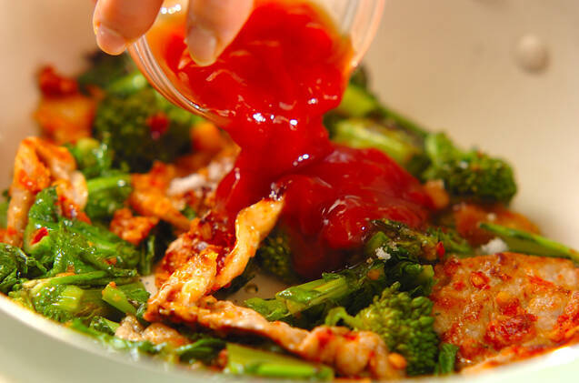 豚肉と菜の花のピリ辛炒めの作り方の手順4