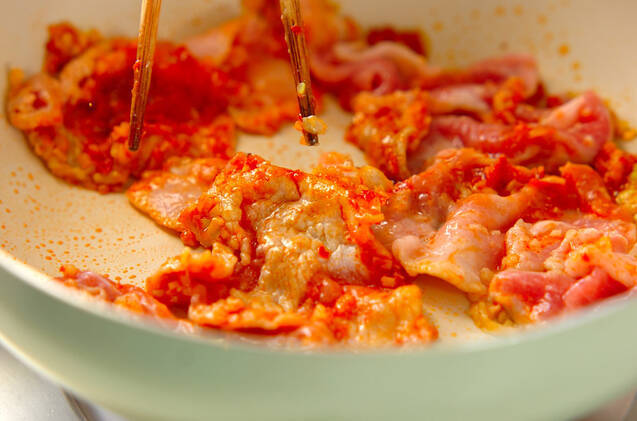 豚肉と菜の花のピリ辛炒めの作り方の手順3