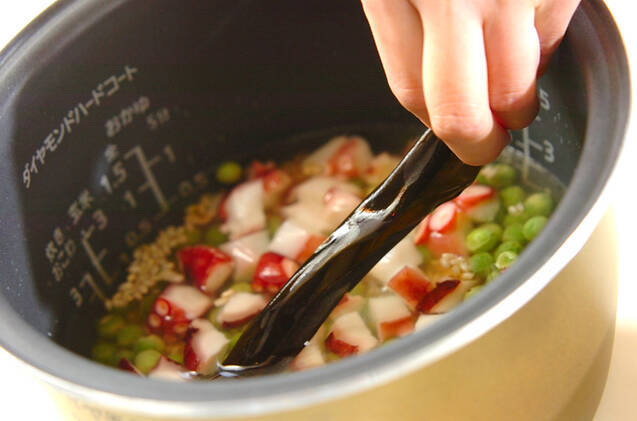 エンドウ豆とタコの玄米ご飯の作り方の手順5